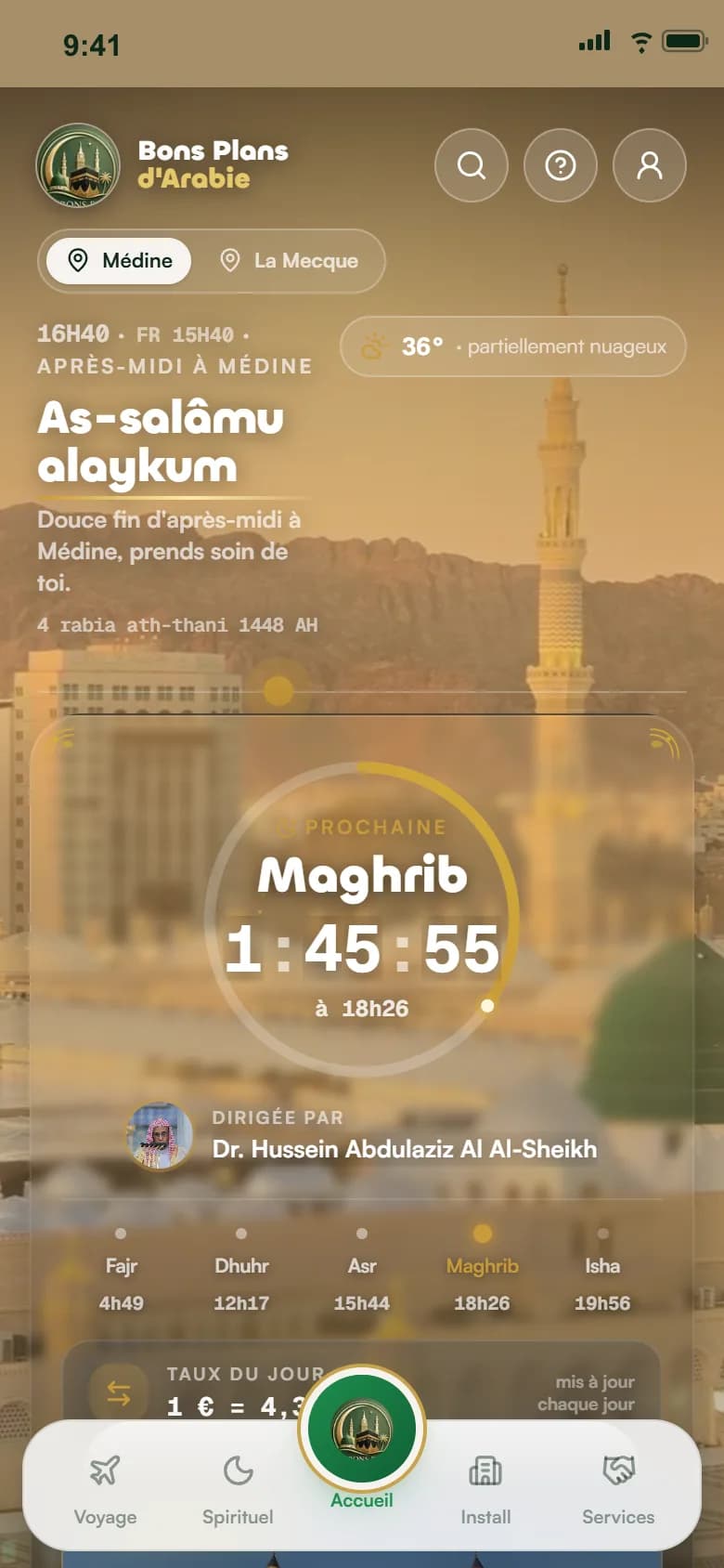 Accueil Médine : heure locale, compte à rebours de la prochaine prière, imam du jour