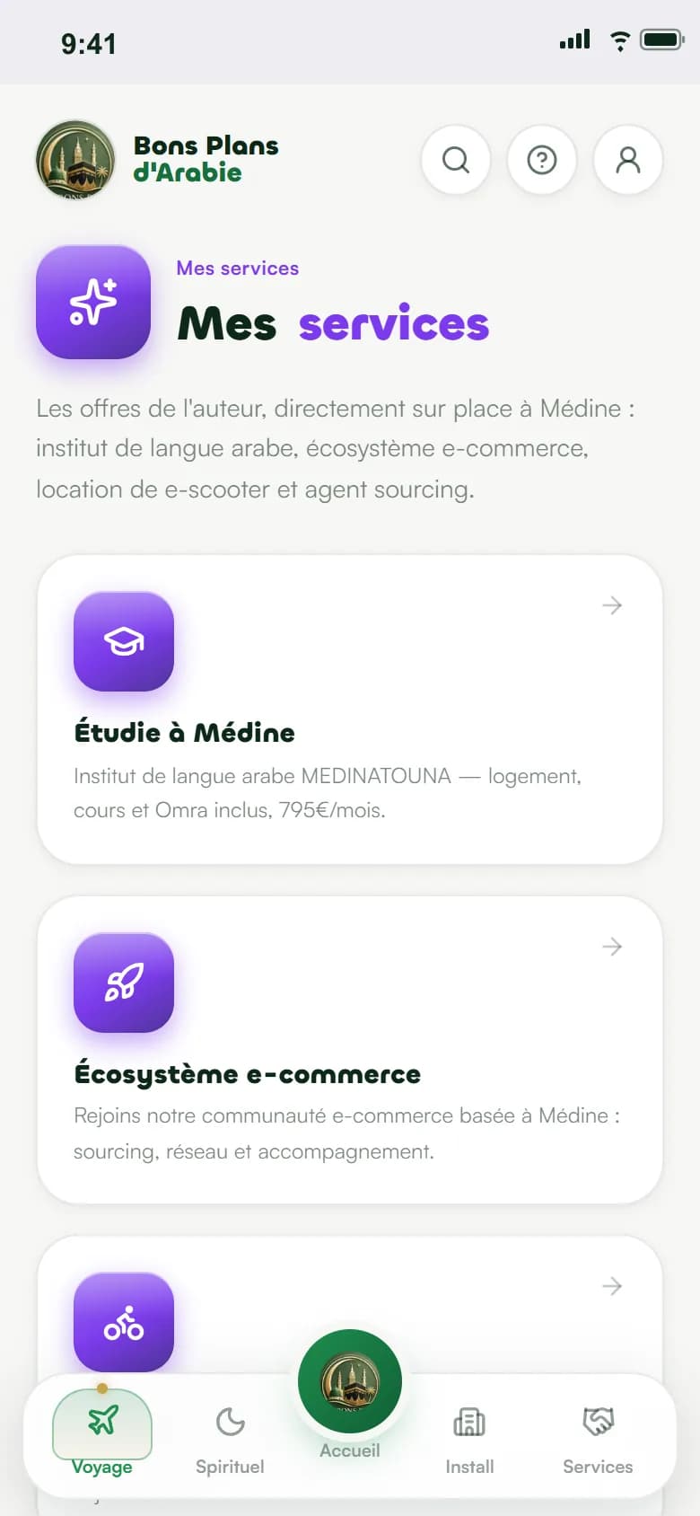 Les services de l'auteur : institut d'arabe, e-commerce, e-scooter, agent sourcing